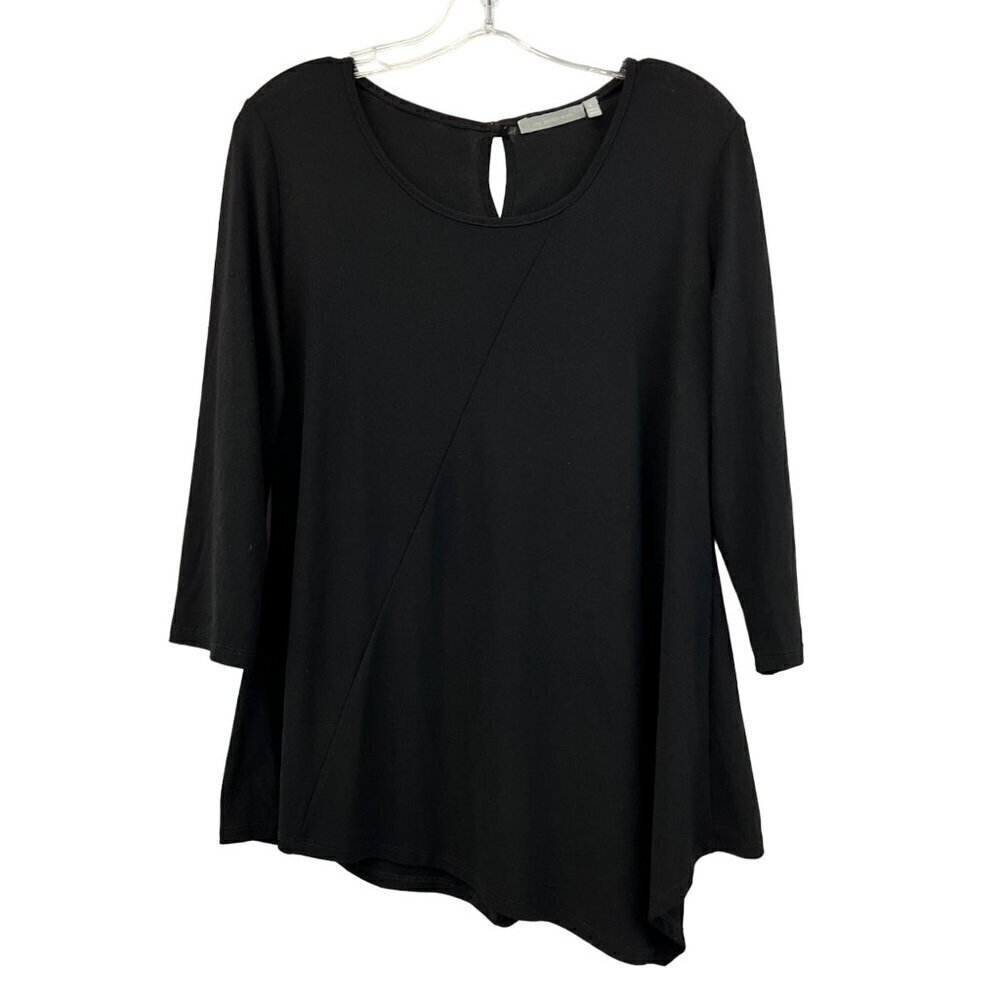 NY Collection Womens 3/4 Sleeve Asymmetric Pullover Blouse Keyhole Back Black L